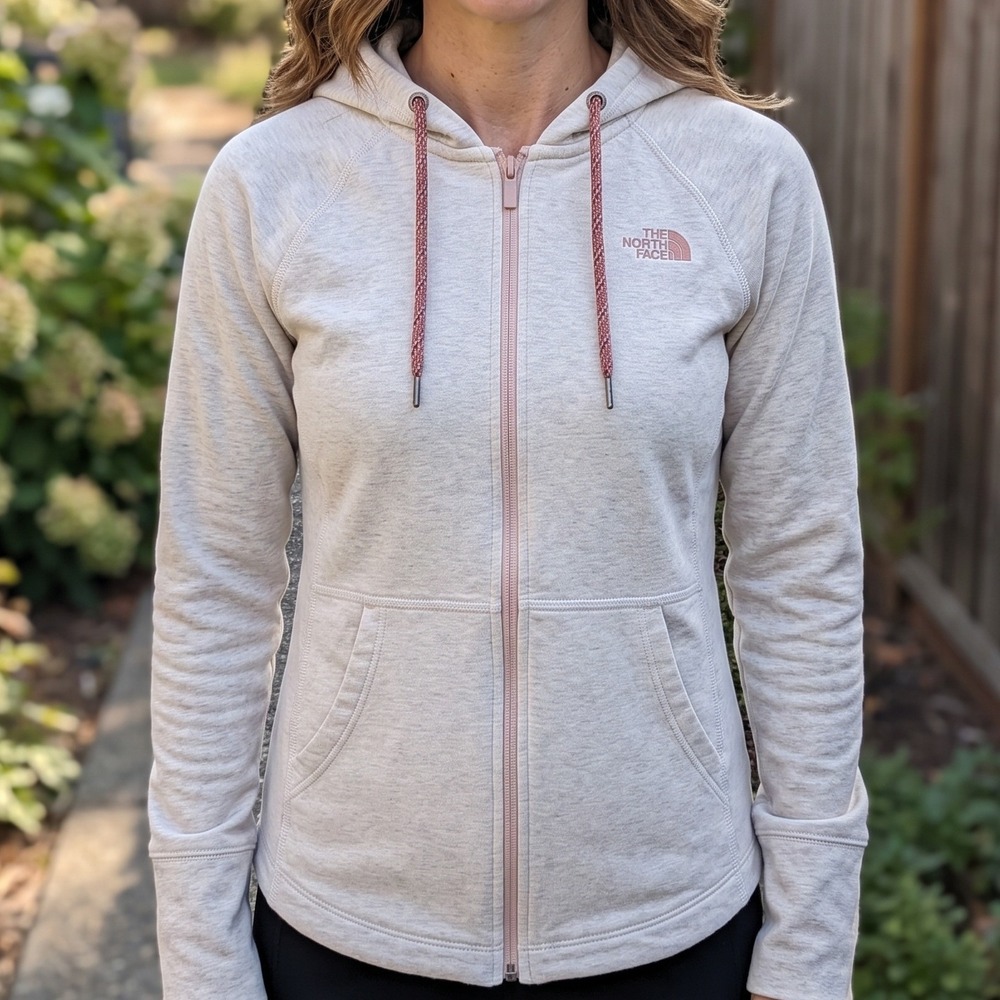 The North Face Womens Full Zip Hoodie Oatmeal Heather Rose Gold Logo XS NF0A356M